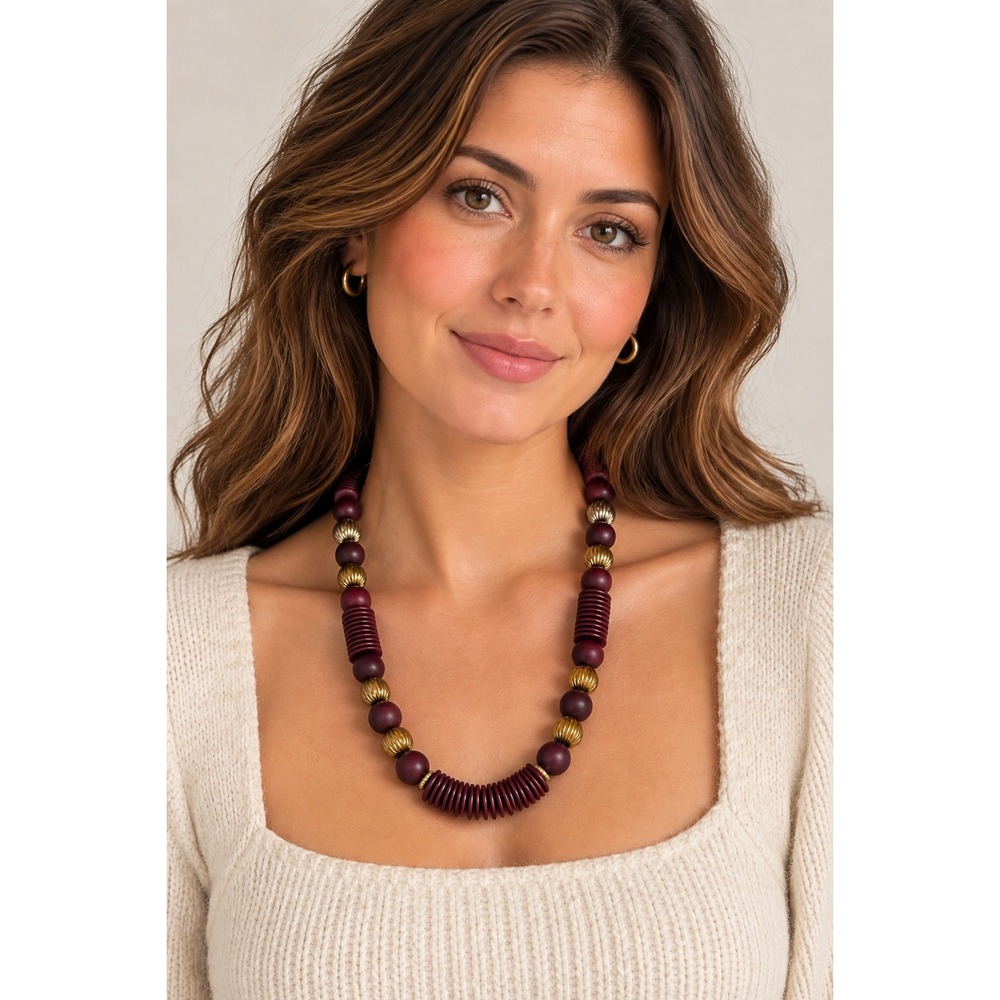 80s Plum Wood Bead Necklace Gold Tone Artsy Boho Statement